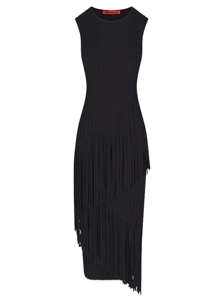 Simon Miller Spiral Dress Black Ribbed Fringe Crewneck Sleeveless Maxi Small Nwt